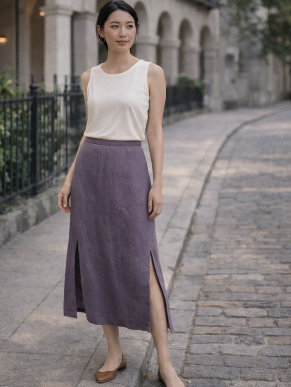 Weekend Max Mara Linen A-Line Midi Skirt Italy Side Slits Zip